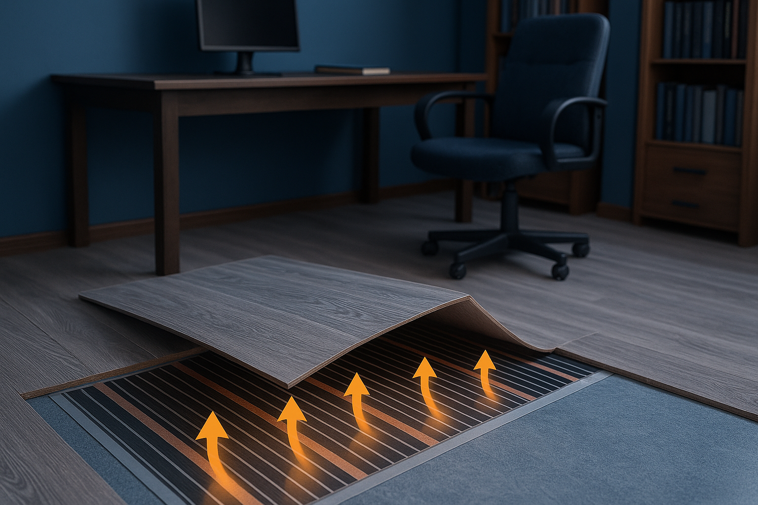 Тёплый пол в рабочем кабинете, монтаж тёплого пола ThermoVolter, плёночный инфракрасный тёплый пол